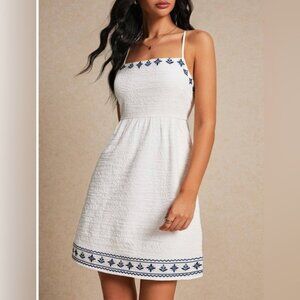 Boho Floral Embroidered Edge Criss Cross Back Dress White